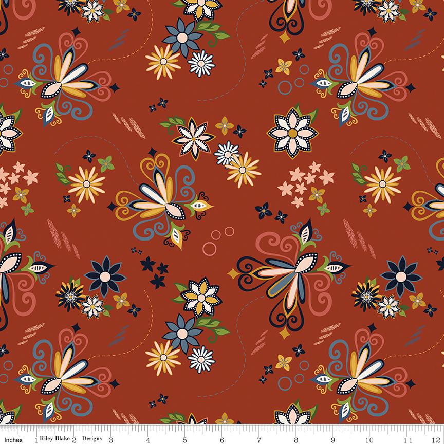 Curated Blooms 10" Stacker, Riley Blake 10-15340-42, 10" Precut Blue Green Rust Floral Quilt Fabric Squares, Judi Madsen