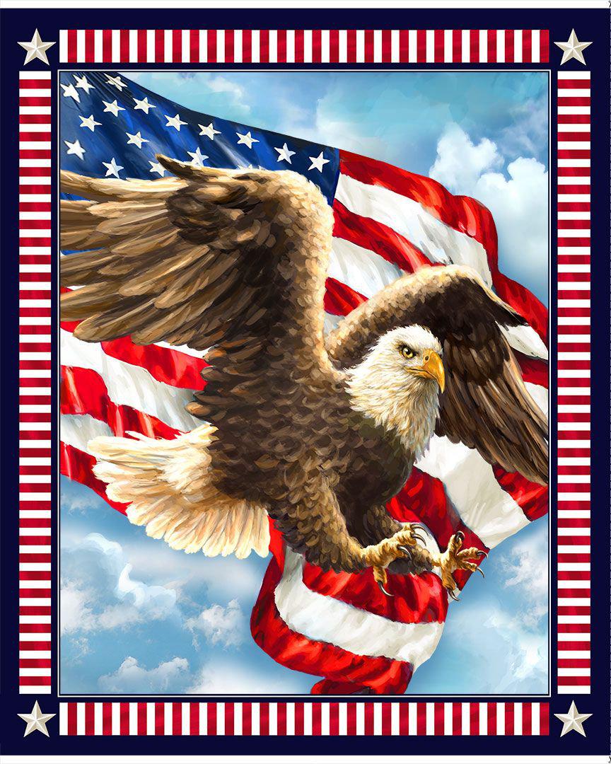 Let Freedom Ring - Liberty Eagle with Flag 36" Fabric Panel, Timeless Treasures PanelDG-CD3190 USA, American Bald Eagle Fabric Panel QOV