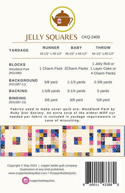 Jelly Squares Quilt Pattern, Copper Kettle Quilt Co CKQ2409, Charm Squares Jelly Roll Friendly Runner Baby Lap Throw Strip Quilt Pattern