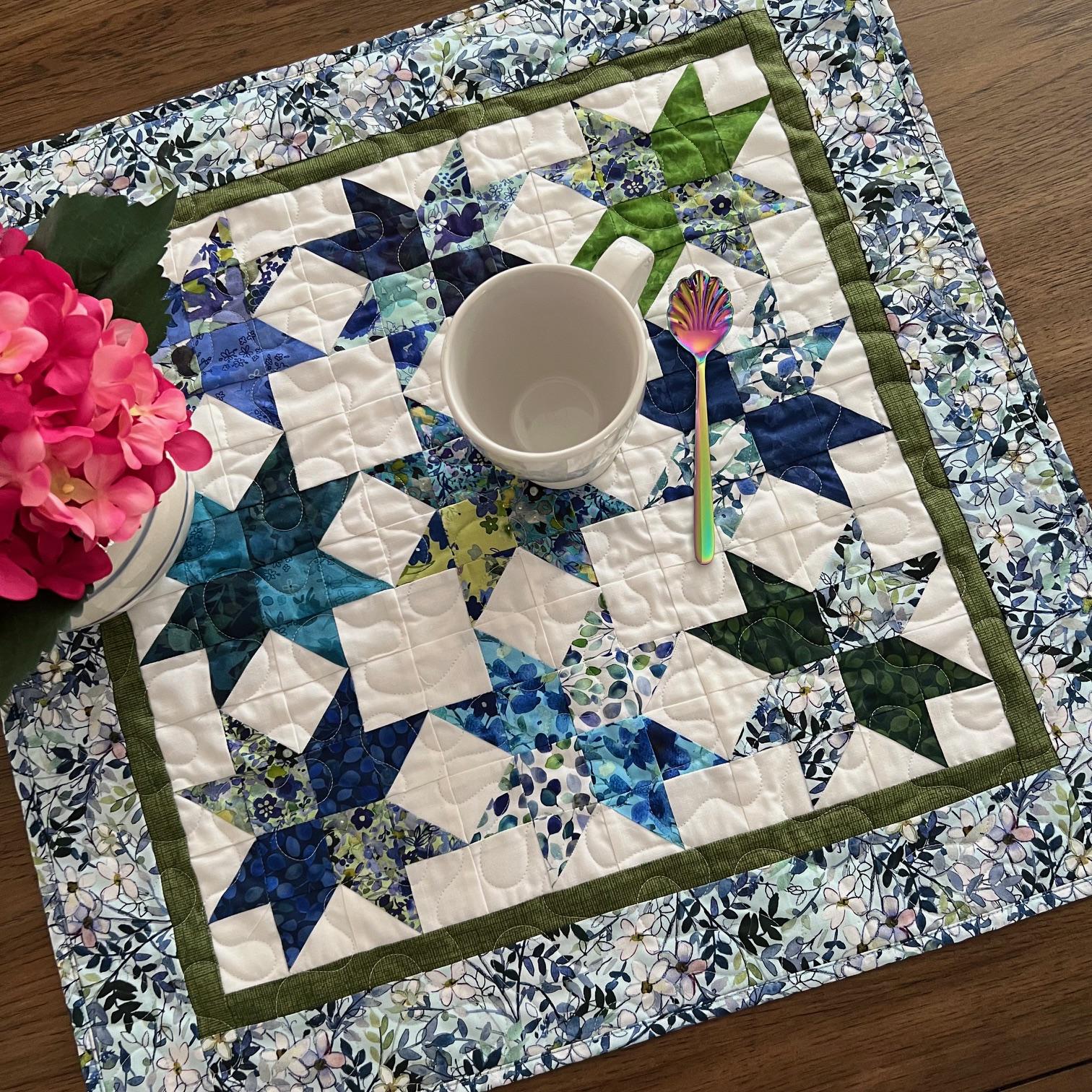 Blue Green Stars on White Quilted Table Topper, 23.5" x 24", Square Table Topper, Blue Meadow Table Quilt