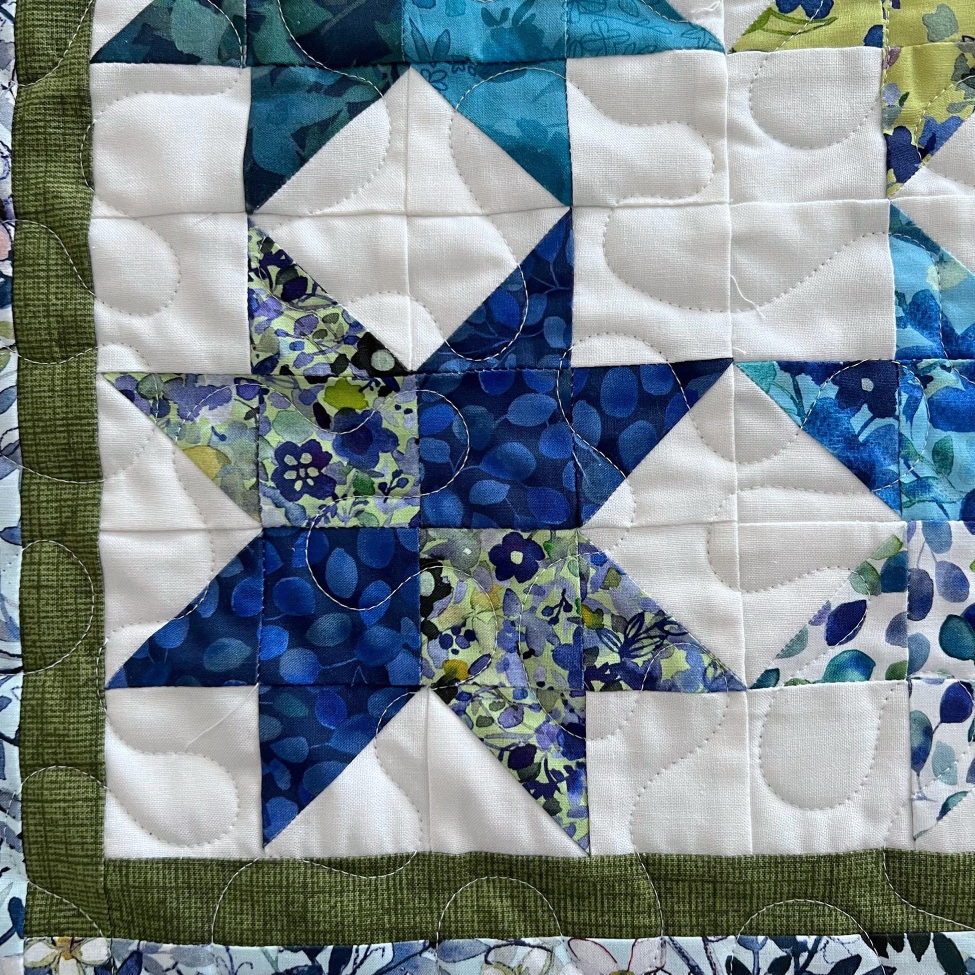 Blue Green Stars on White Quilted Table Topper, 23.5" x 24", Square Table Topper, Blue Meadow Table Quilt