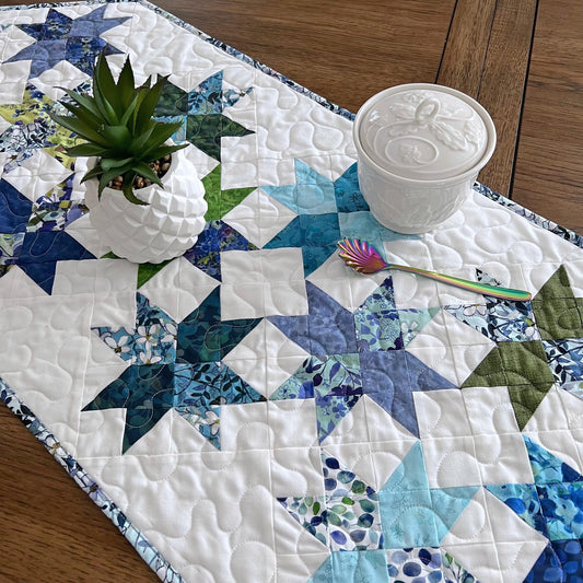 Blue Green Floral Stars on White Quilted Table Runner with Pointed Ends, 17" x 42" Table Quilt, Blue Meadow Table Runner