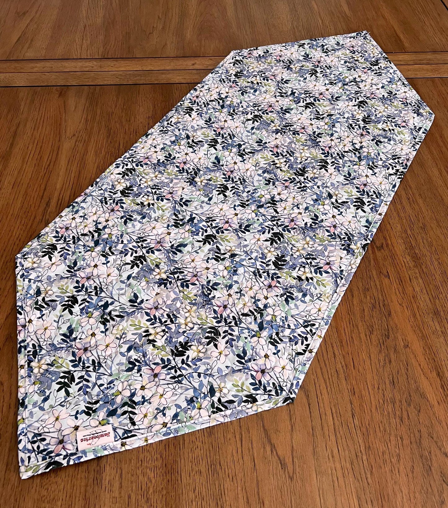 Blue Green Floral Stars on White Quilted Table Runner with Pointed Ends, 17" x 42" Table Quilt, Blue Meadow Table Runner