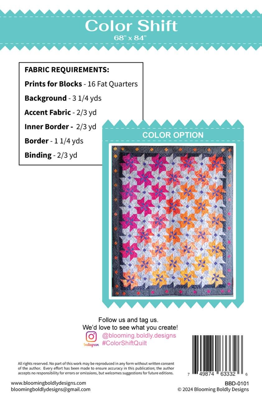 Color Shift Quilt Pattern, Blooming Boldly BBD0101, Fat Quarter FQ Friendly Pinwheels Throw Quilt Pattern, Leslie Ryan