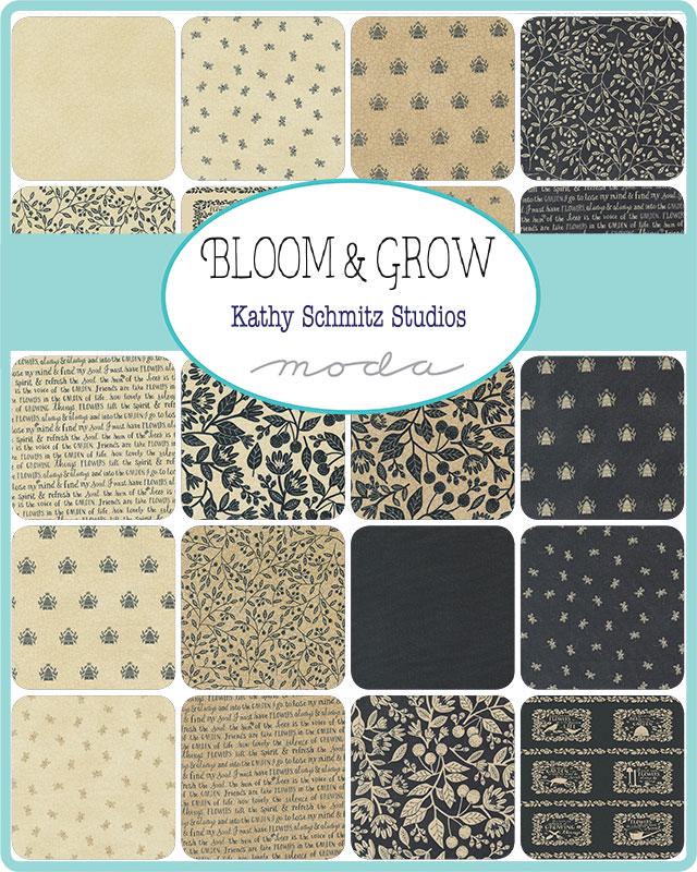 Bloom and Grow Charm Pack, Moda 7050PP, 5" Precut Black Tan Cream Floral Fabric Squares, Kathy Schmitz