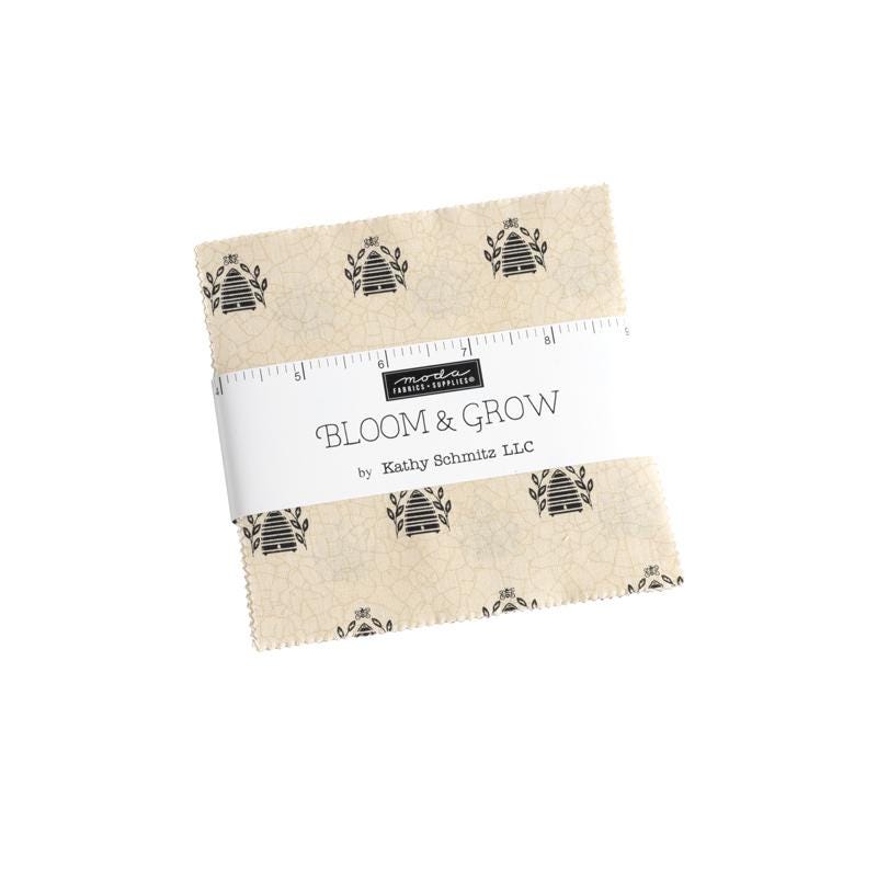 Bloom and Grow Charm Pack, Moda 7050PP, 5" Precut Black Tan Cream Floral Fabric Squares, Kathy Schmitz