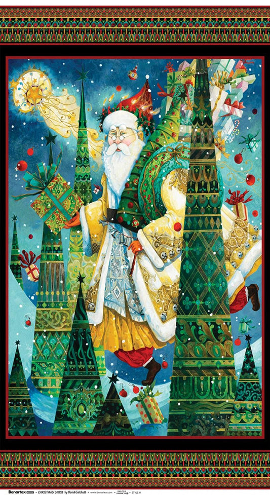 Christmas Spirit - Father Christmas Santa Among Trees Gifts 24" Fabric Panel, Benartex 16274B-99, David Galchutt