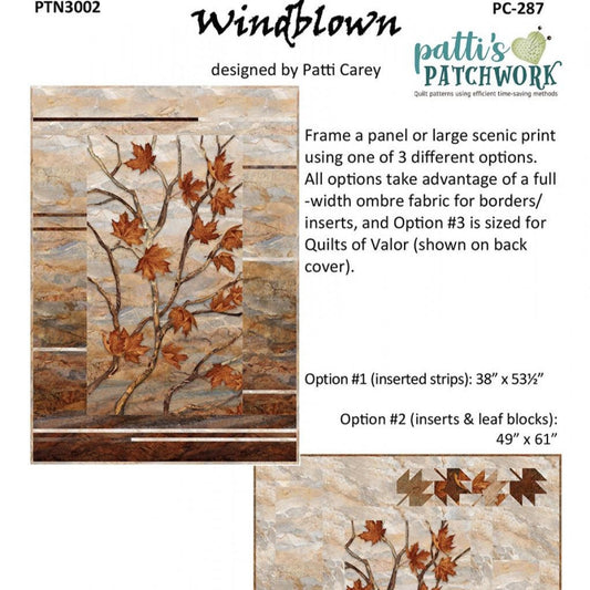 Windblown Panel Frame Quilt Pattern, Patti's Patchwork PC287 PTN3002, Vertical Fabric Panel Friendly Autumn Fall Leaves Throw Quilt Pattern