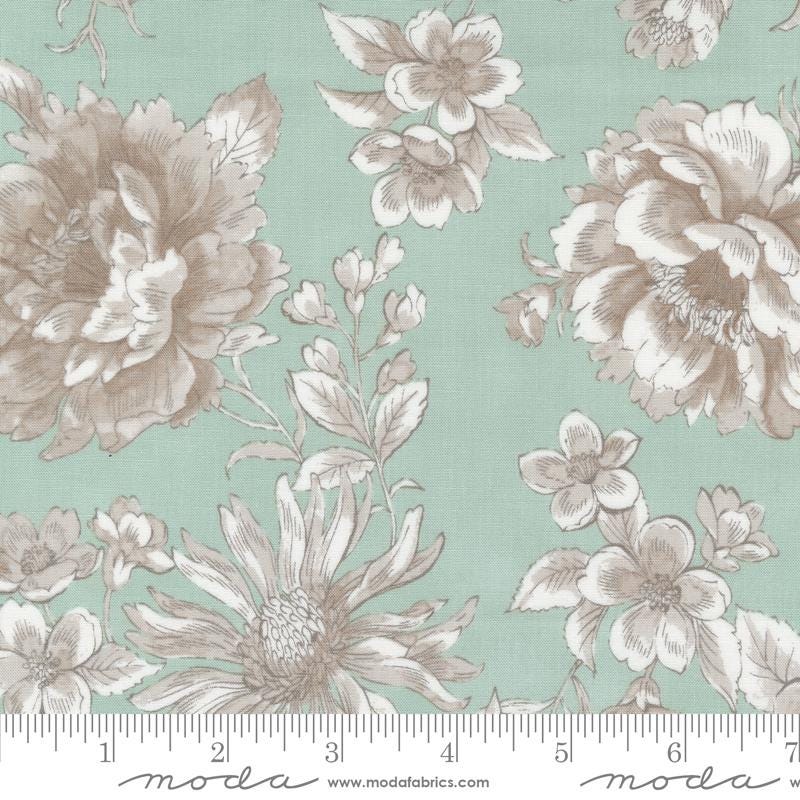 108" Sandalwood - Eucalyptus Mint Green Cream Taupe Floral Wide Quilt Back Fabric, Moda 108019 13, Cotton Sateen Quilt Backing, By the Yard