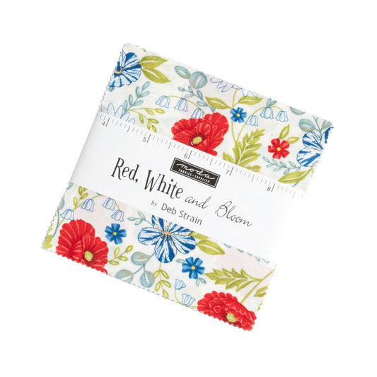Red White and Bloom Charm Pack, Moda 56110PP, 5" Precut Independence Day Patriotic Charm Pack Fabric Squares, Deb Strain