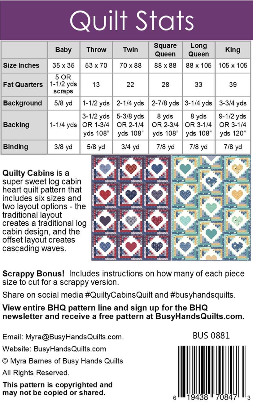 Quilty Cabins Quilt Pattern, Busy Hands Quilts BUS0881, Fat Quarter Yardage Friendly Baby Lap Throw Twin Queen King Bed Heart Quilt Pattern