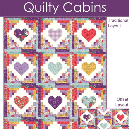 Quilty Cabins Quilt Pattern, Busy Hands Quilts BUS0881, Fat Quarter Yardage Friendly Baby Lap Throw Twin Queen King Bed Heart Quilt Pattern