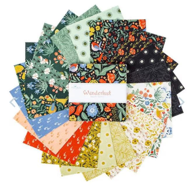 Wanderlust 5" Stacker, Riley Blake 5-15470-42, 5" Precut Floral Fabric Squares, Blue Green Red Fabric, Danelys Sidron