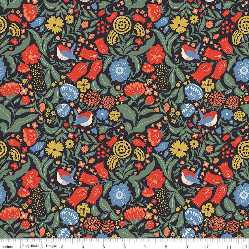 Wanderlust 5" Stacker, Riley Blake 5-15470-42, 5" Precut Floral Fabric Squares, Blue Green Red Fabric, Danelys Sidron