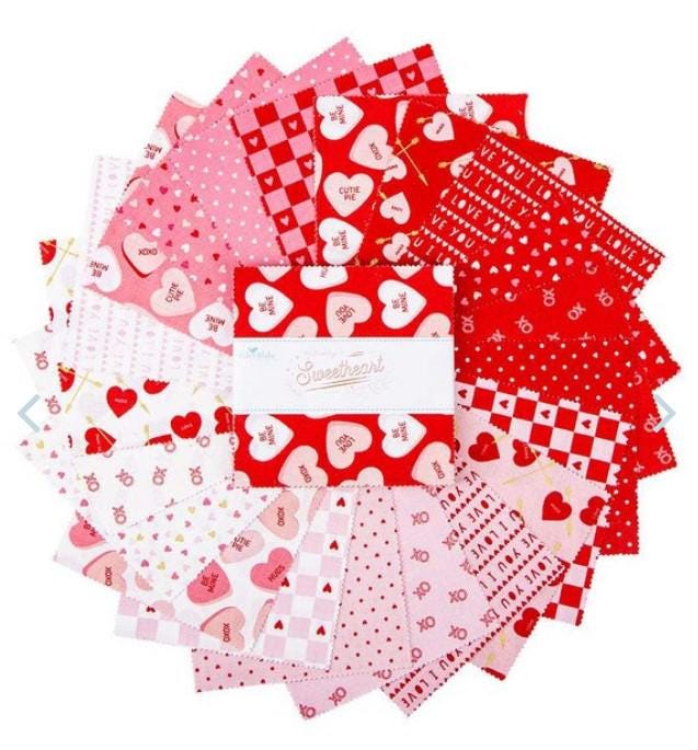 Sweetheart 5" Stacker, Riley Blake 5-15500-42, 5" Precut Pink Red Hearts Valentines Day Floral Fabric Squares, My Mind's Eye