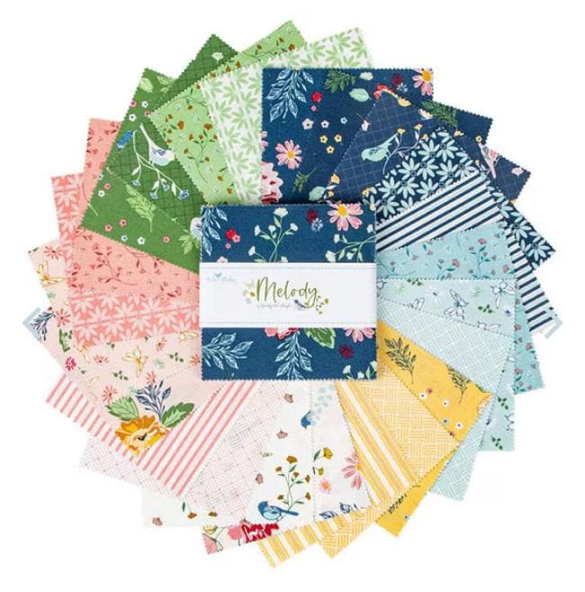 Melody 5" Stacker, Riley Blake 5-15140-42, 5" Precut Blue Green Pink Yellow Floral Fabric Squares, Beverly McCullough