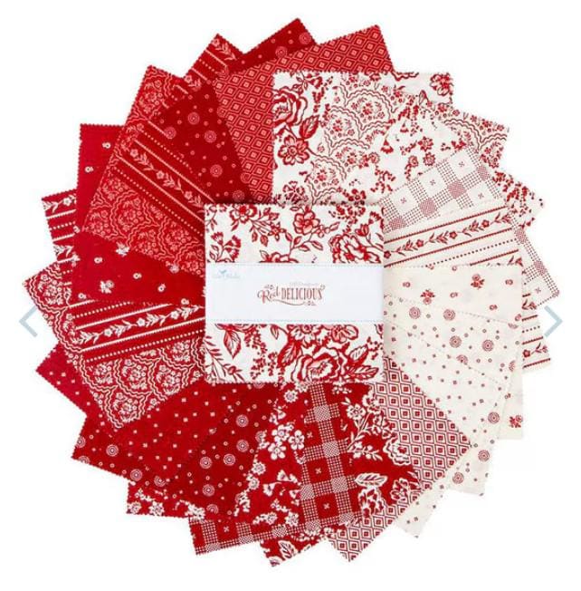 Red Delicious 5" Stacker, Riley Blake 5-15660-42, 5" Precut Red White Floral Quilt Fabric Squares, RBD Designers