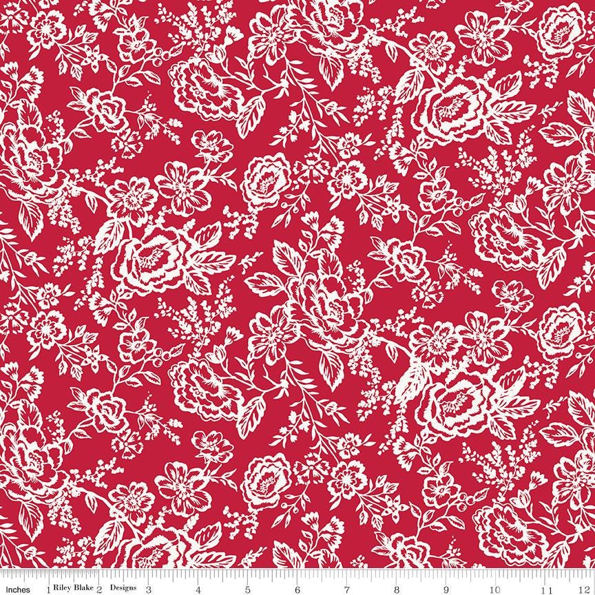 Red Delicious 5" Stacker, Riley Blake 5-15660-42, 5" Precut Red White Floral Quilt Fabric Squares, RBD Designers