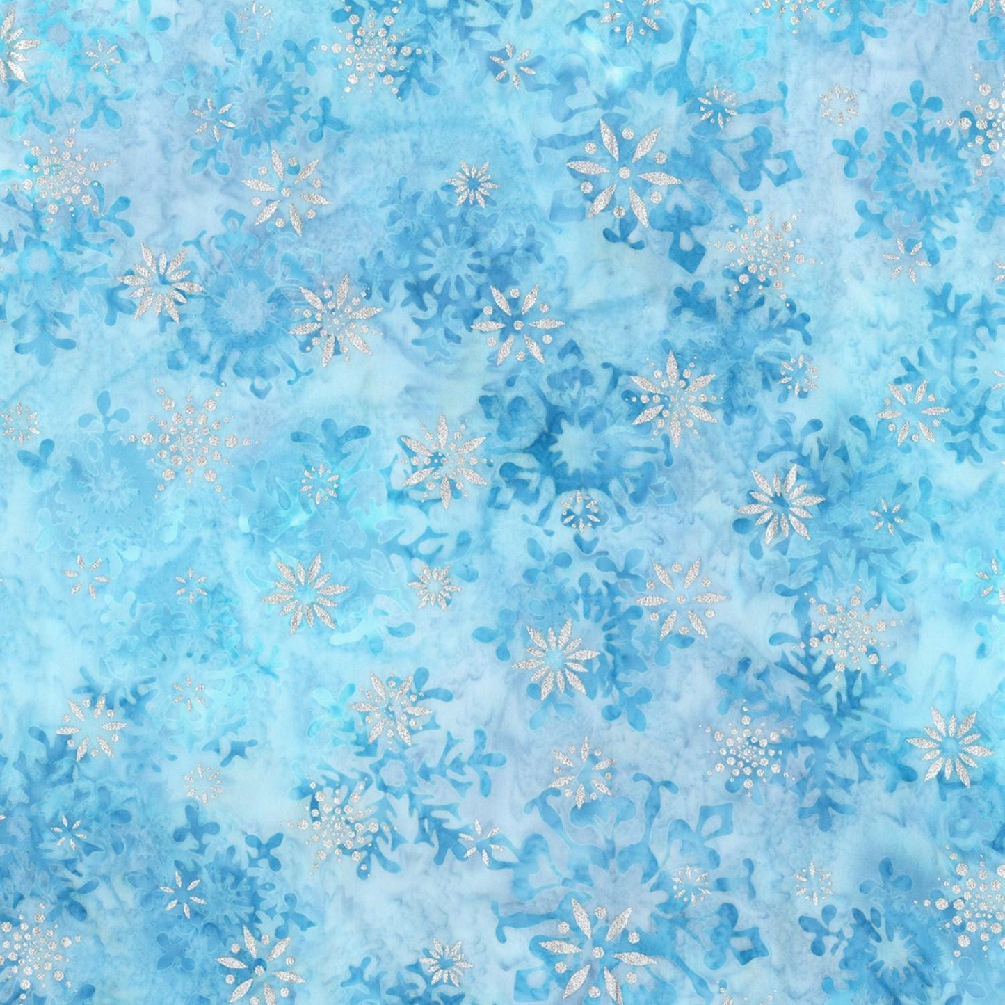 DESTASH Artisan Batiks Snowflakes Glacier Roll Up, Robert Kaufman RU-737-40, 2.5" Precut Blue White Silver Metallic Winter Batik Fabric