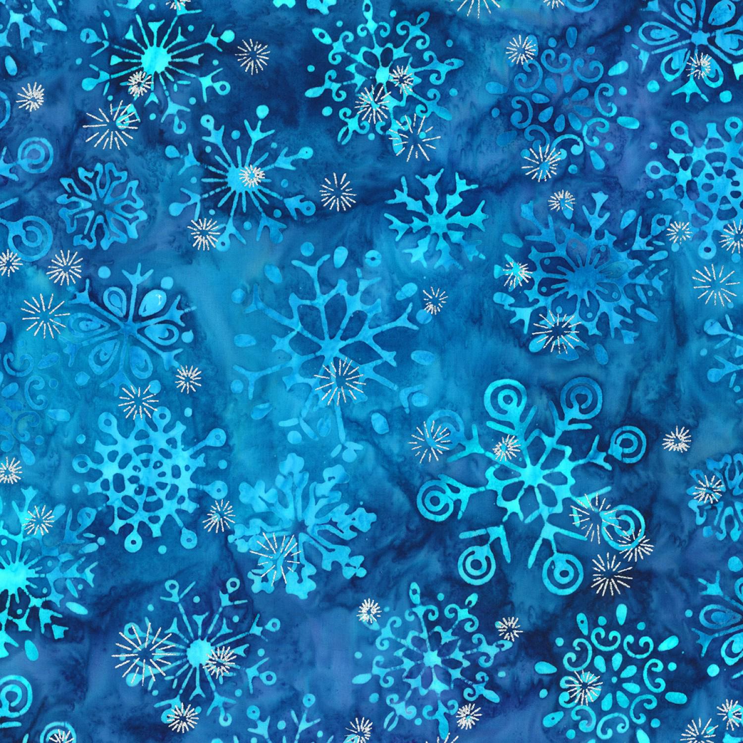 DESTASH Artisan Batiks Snowflakes Glacier Roll Up, Robert Kaufman RU-737-40, 2.5" Precut Blue White Silver Metallic Winter Batik Fabric