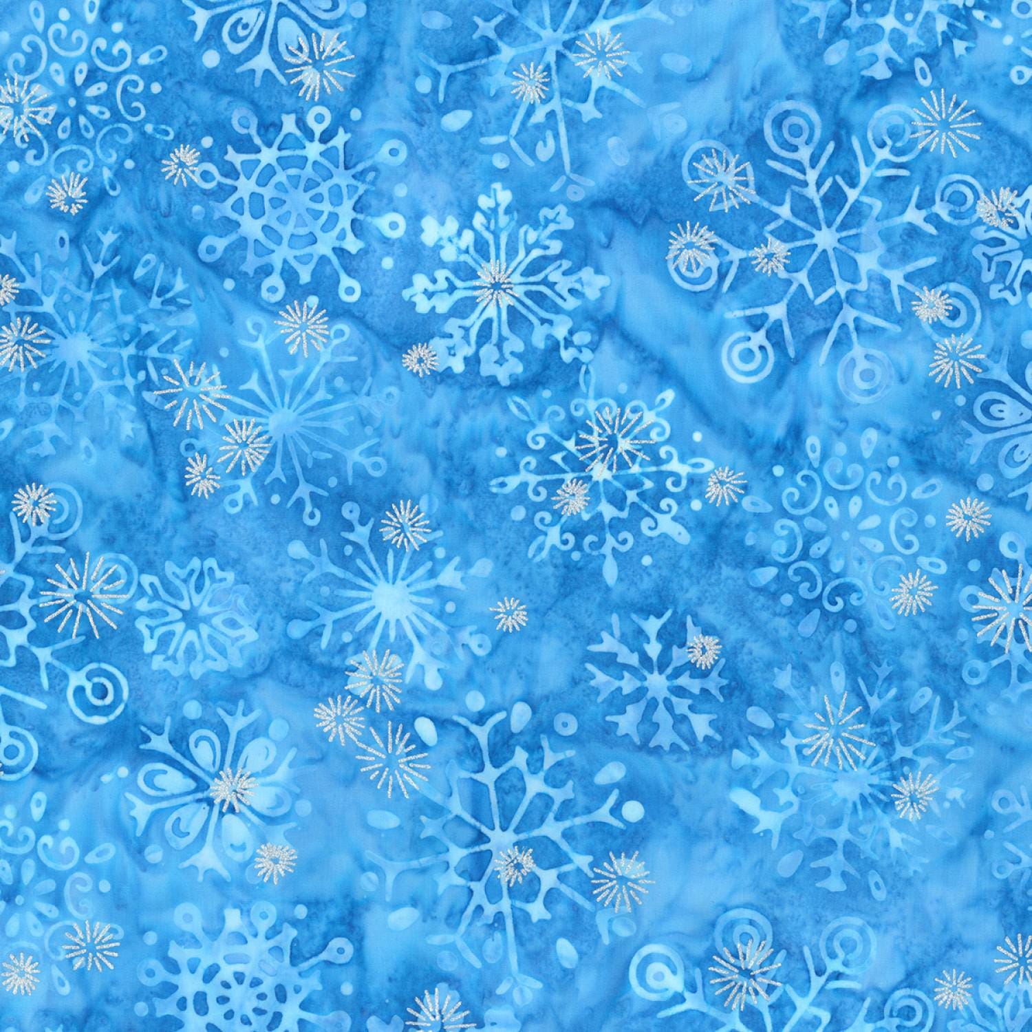 DESTASH Artisan Batiks Snowflakes Glacier Roll Up, Robert Kaufman RU-737-40, 2.5" Precut Blue White Silver Metallic Winter Batik Fabric