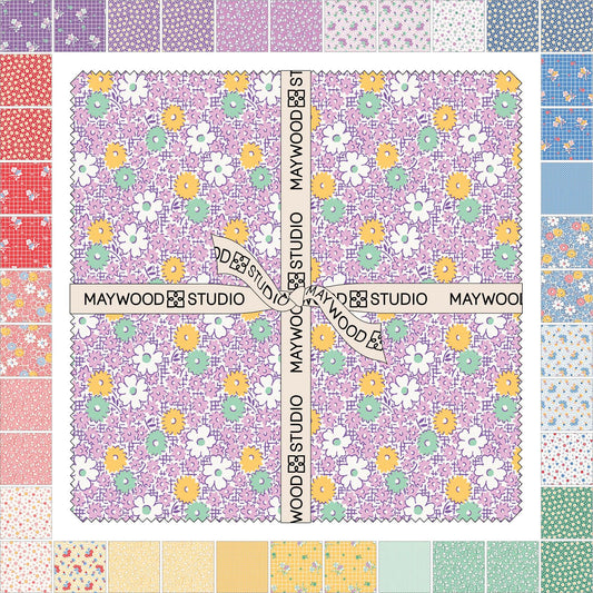 Dilly Dally 10" Squares, Maywood Studio SQ-MASDIDA, 10" Precut Blue Pink Green Lavender Calico 1930s Floral Fabric Squares