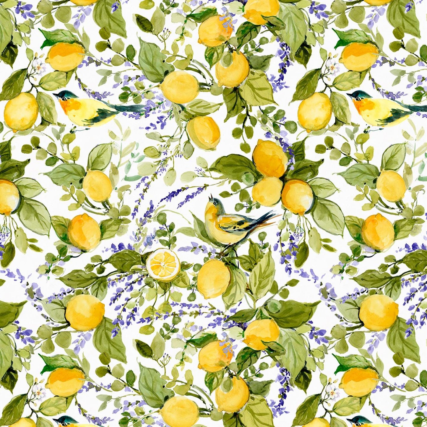 Lavender Lemonade - Lemons Lavender Flower Fabric, Wilmington Prints 39883-157, Yellow Purple Green White Fabric, Susan Winget, By the Yard