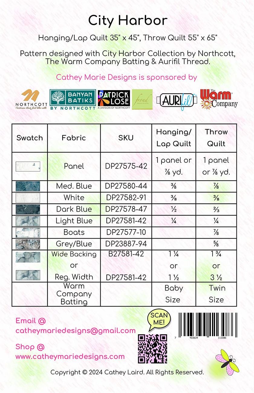 City Harbor Panel Frame Quilt Pattern, Cathey Marie Designs CMD308 PTN3378, Fabric Panel Friendly Simple Panel Frame Pattern
