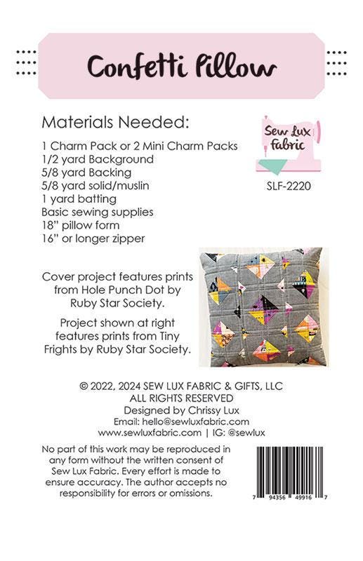 Confetti Pillow Quilt Pattern, Sew Lux Fabric SLF2220, Charm Square or Mini Charm Friendly Square Pillow Cover Pattern