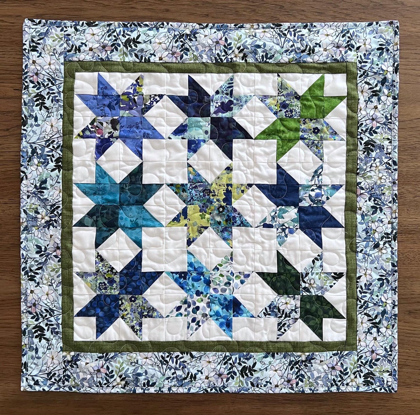 Blue Green Stars on White Quilted Table Topper, 23.5" x 24", Square Table Topper, Blue Meadow Table Quilt