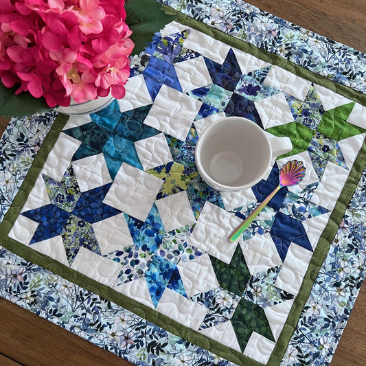 Blue Green Stars on White Quilted Table Topper, 23.5" x 24", Square Table Topper, Blue Meadow Table Quilt