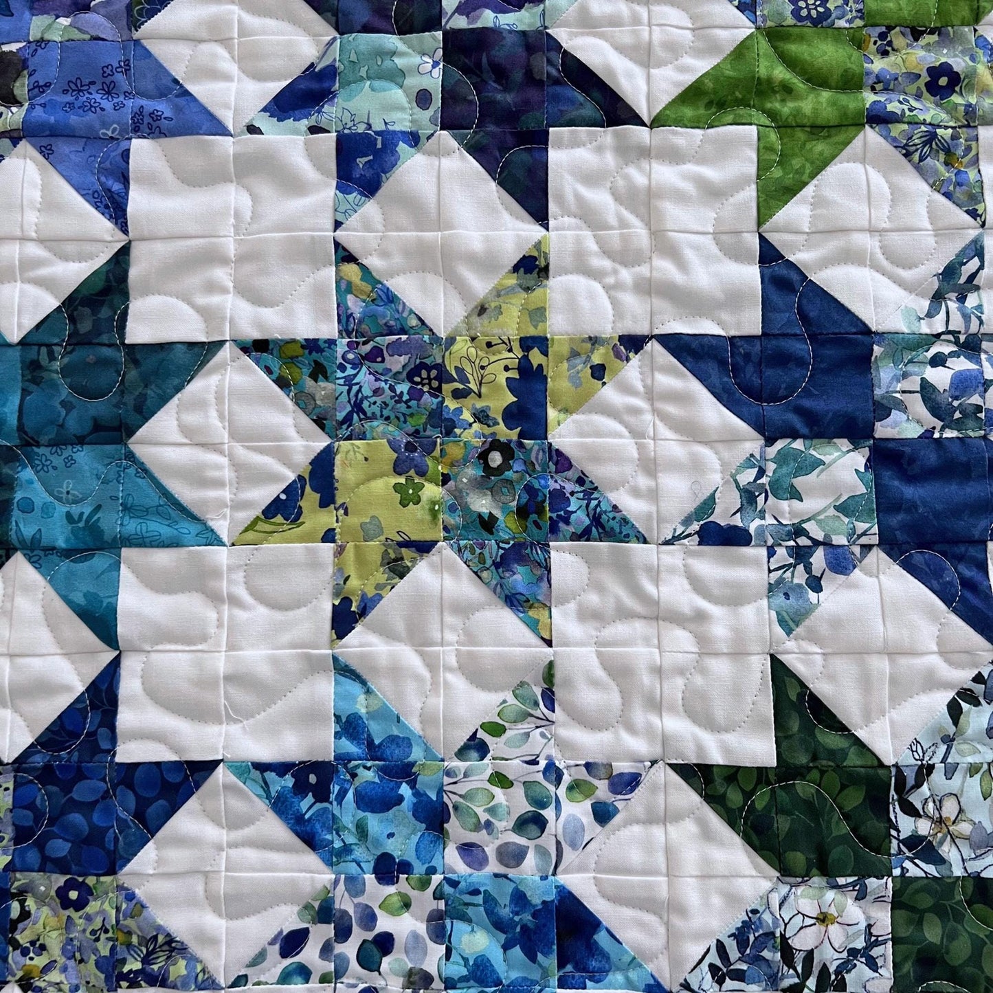 Blue Green Stars on White Quilted Table Topper, 23.5" x 24", Square Table Topper, Blue Meadow Table Quilt