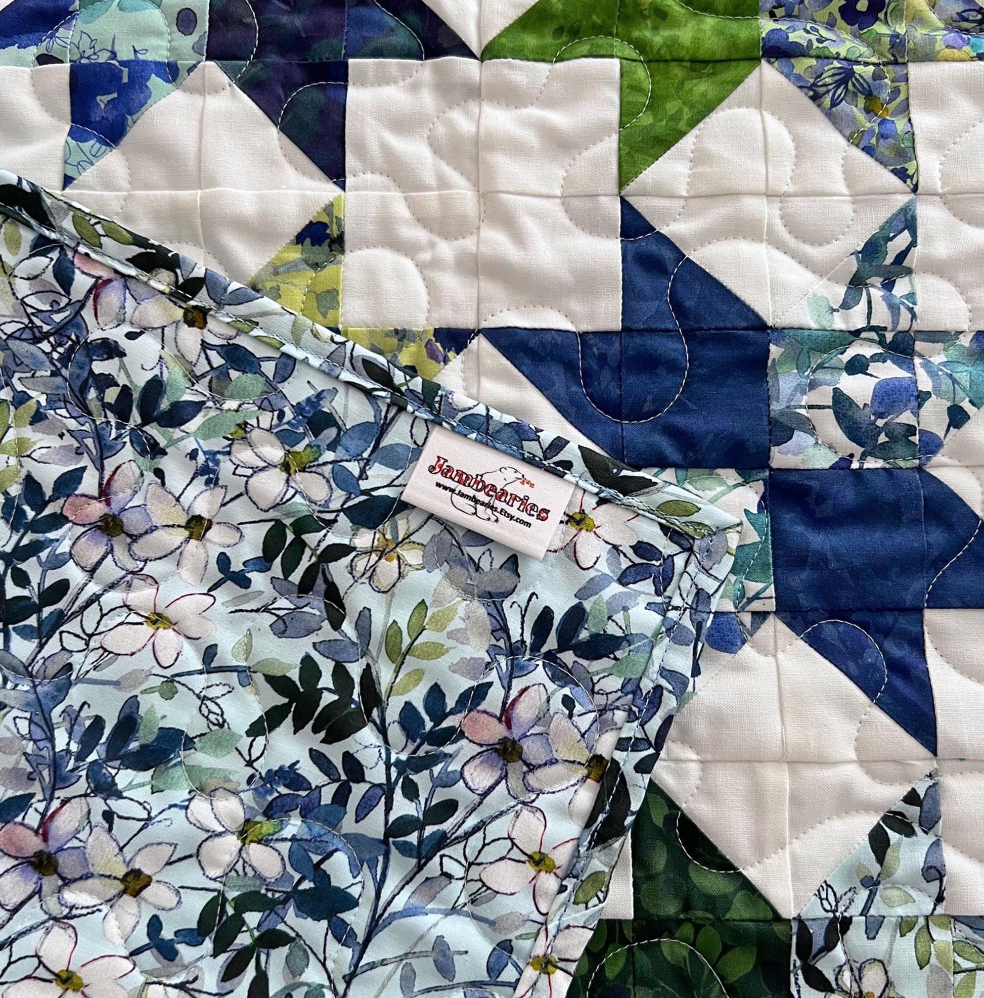 Blue Green Stars on White Quilted Table Topper, 23.5" x 24", Square Table Topper, Blue Meadow Table Quilt