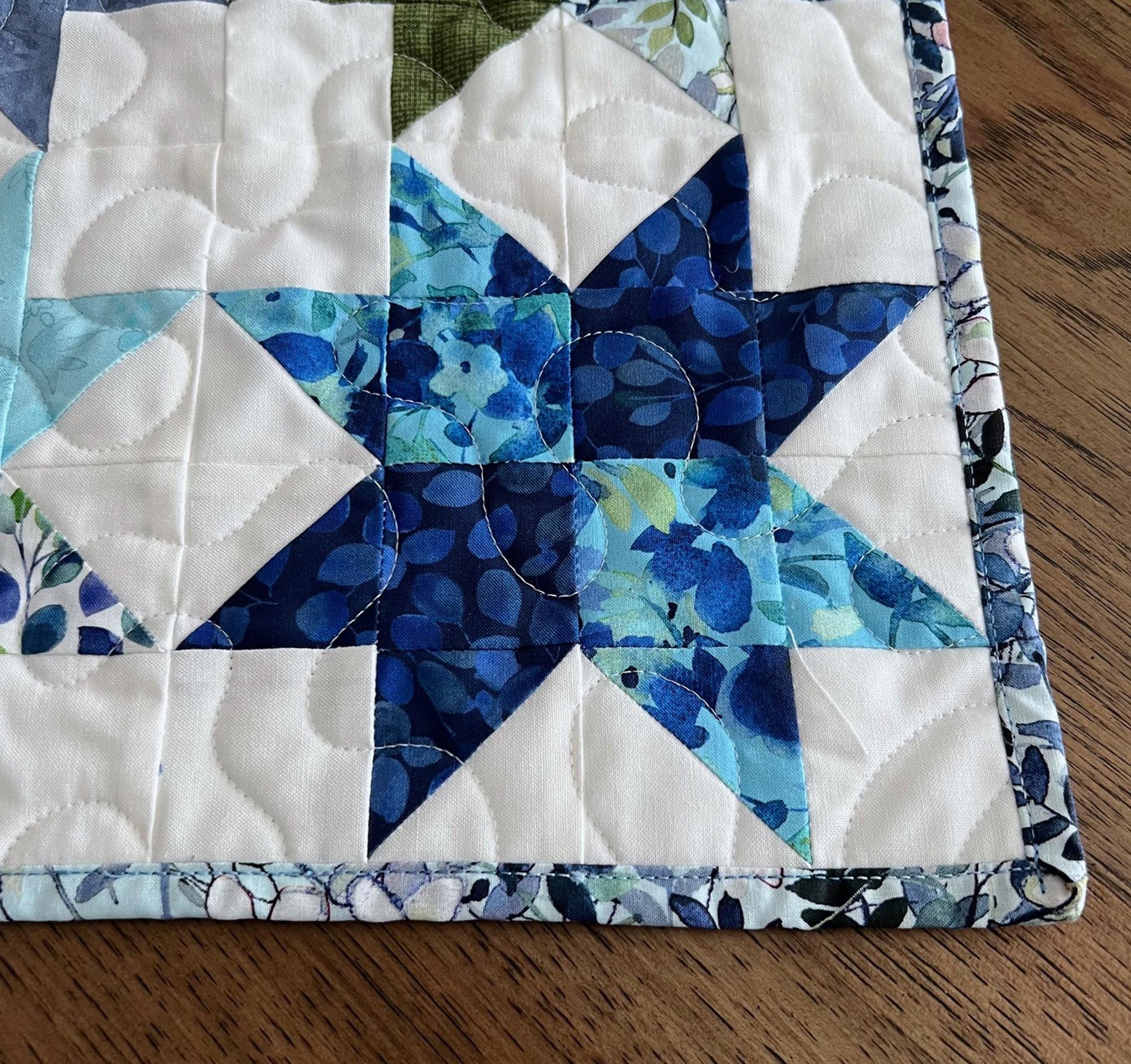 Blue Green Floral Stars on White Quilted Table Runner with Pointed Ends, 17" x 42" Table Quilt, Blue Meadow Table Runner