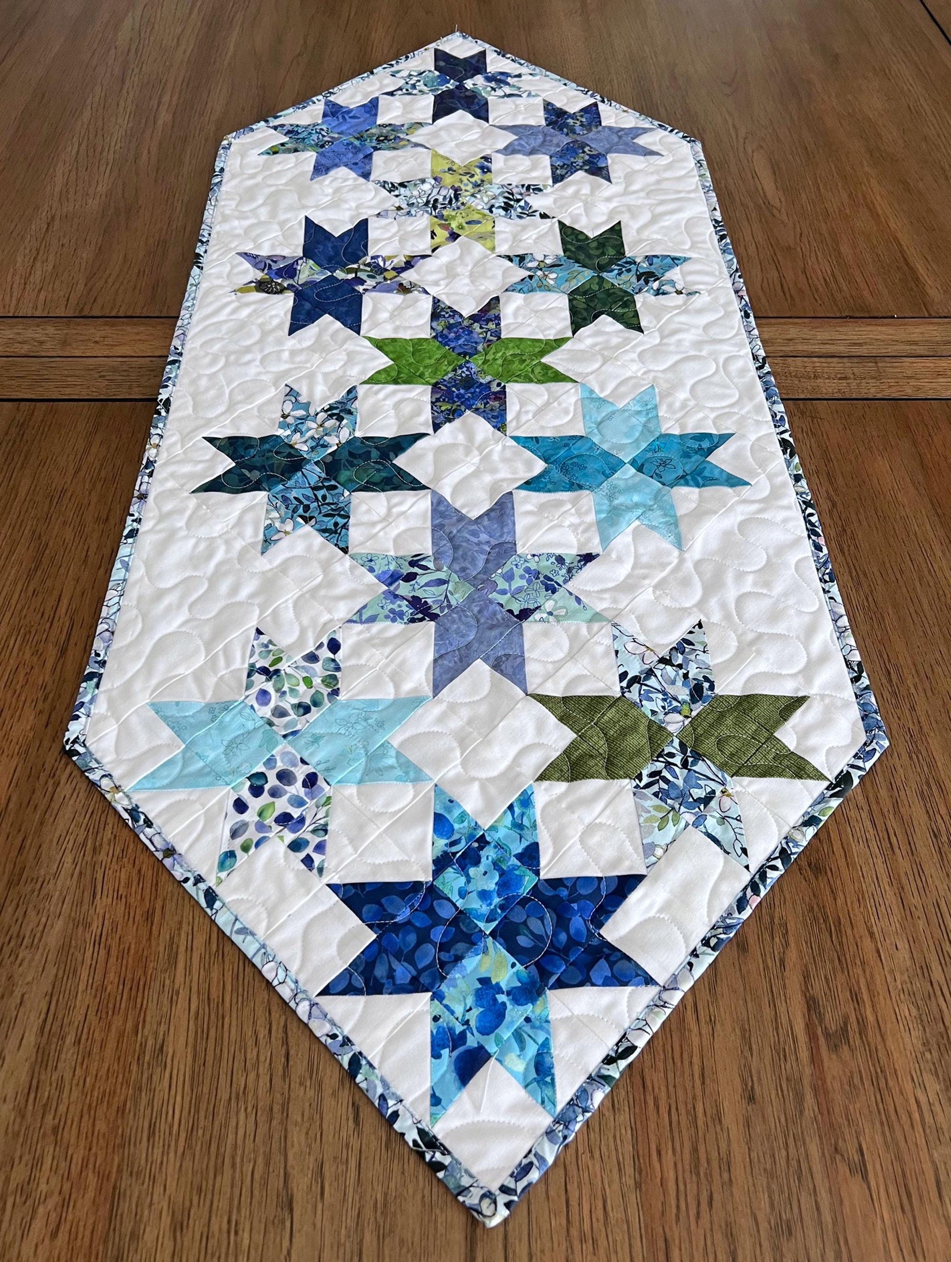 Blue Green Floral Stars on White Quilted Table Runner with Pointed Ends, 17" x 42" Table Quilt, Blue Meadow Table Runner