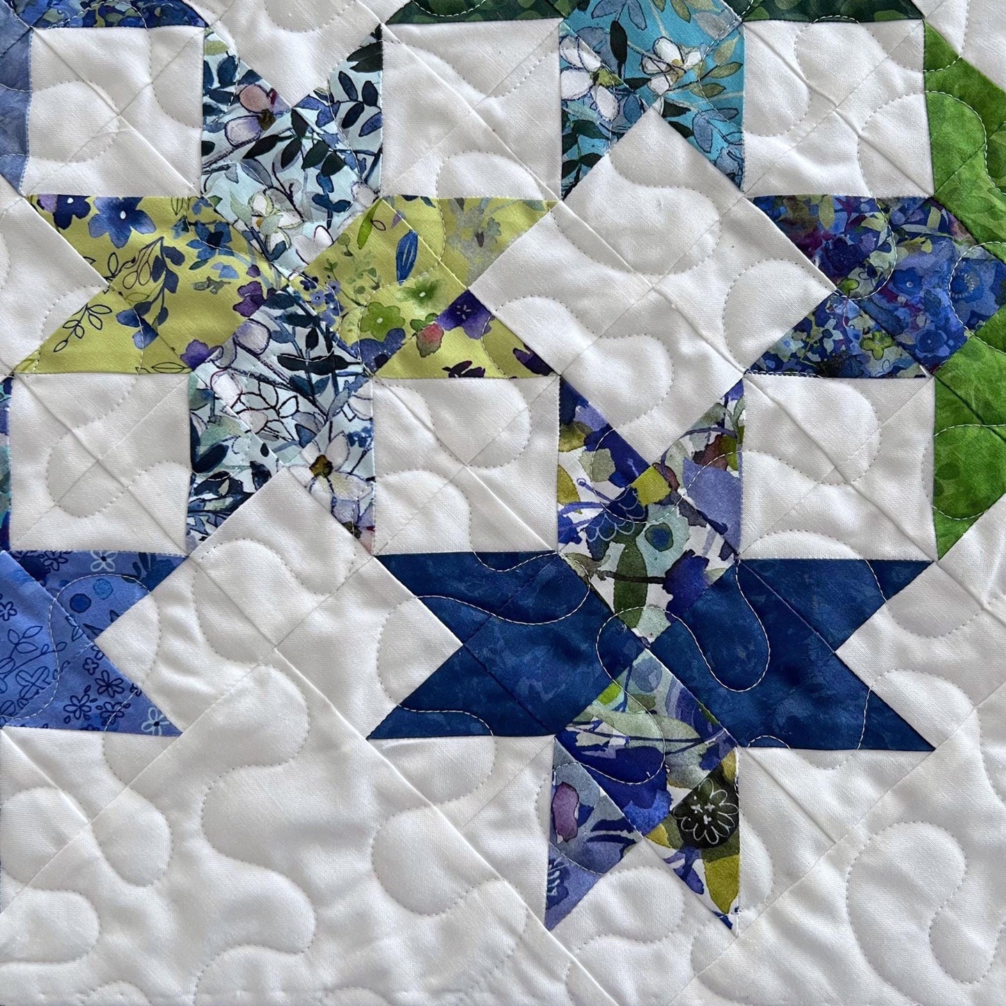 Blue Green Floral Stars on White Quilted Table Runner with Pointed Ends, 17" x 42" Table Quilt, Blue Meadow Table Runner