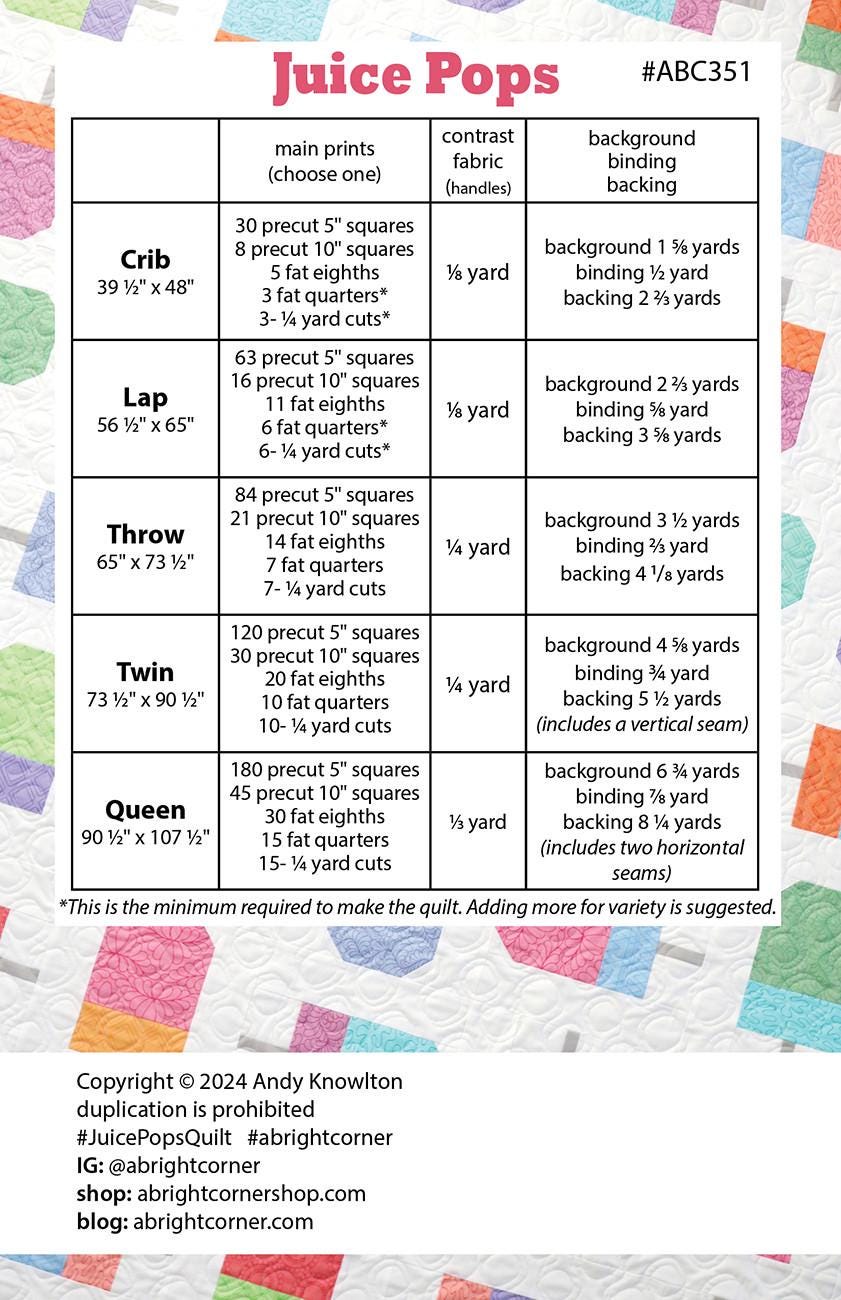 Juice Pops Quilt Pattern, A Bright Corner ABC351, Precut Friendly Baby Lap Throw Twin Queen Popsicles Summer Quilt Pattern, Andy Knowlton