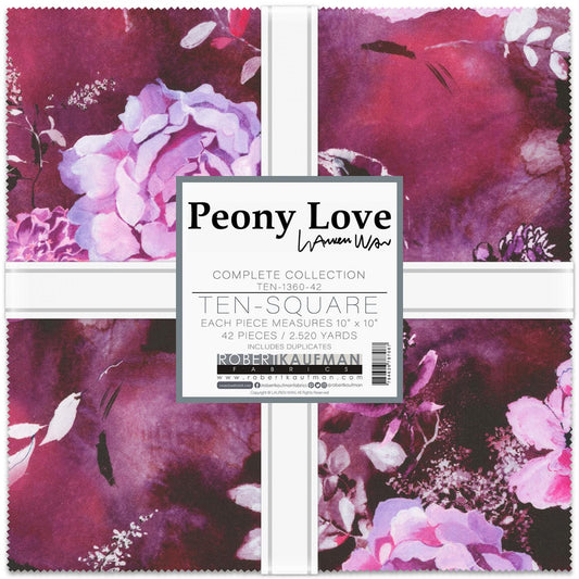 Peony Love Ten Square, Robert Kaufman TEN-1360-42, Pink Purple Gray Black Floral 10" Precut Fabric Squares