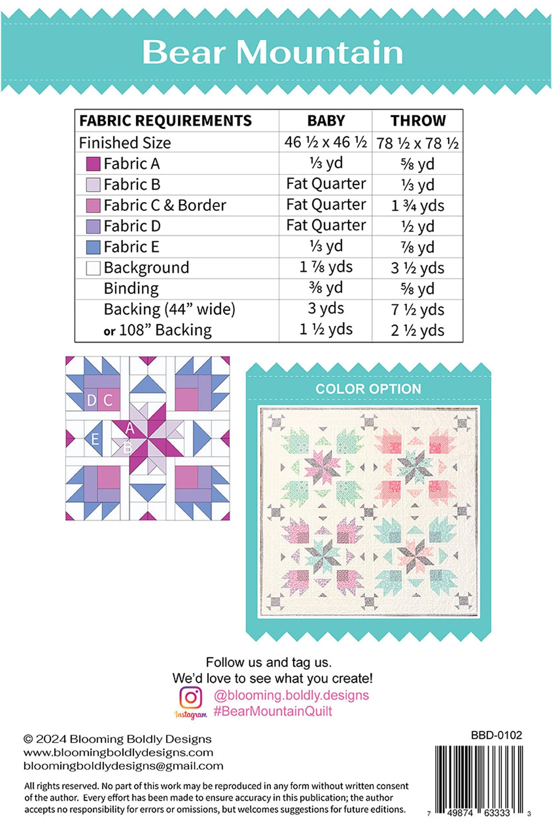 Bear Mountain Quilt Pattern, Blooming Boldly BBD0102, Fat Quarter FQ Friendly Bear Claw Paw Stars Throw Quilt Pattern, Leslie Ryan