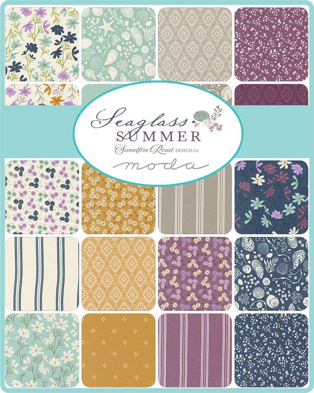 Seaglass Summer Charm Pack, Moda 43180PP, 5" Precut Purple Yellow Mint Floral Charm Pack Fabric Squares, Sweetfire Road