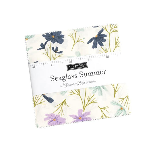 Seaglass Summer Charm Pack, Moda 43180PP, 5" Precut Purple Yellow Mint Floral Charm Pack Fabric Squares, Sweetfire Road