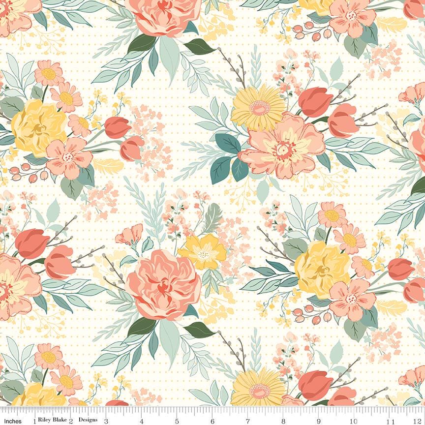 New Beginnings Rolie Polie, Riley Blake RP-15750-40, 2.5" Precut Peach Green Yellow Spring Floral Fabric Strips, Sandy Gervais