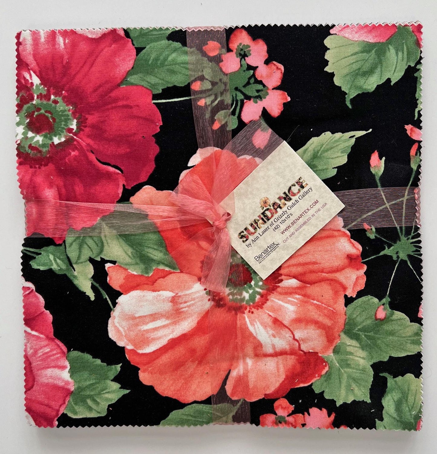 DESTASH Sundance Layer Cake Fabric, Benartex, 10" Precut Peach Pink Black Green Floral Fabric Squares, Ann Lauer