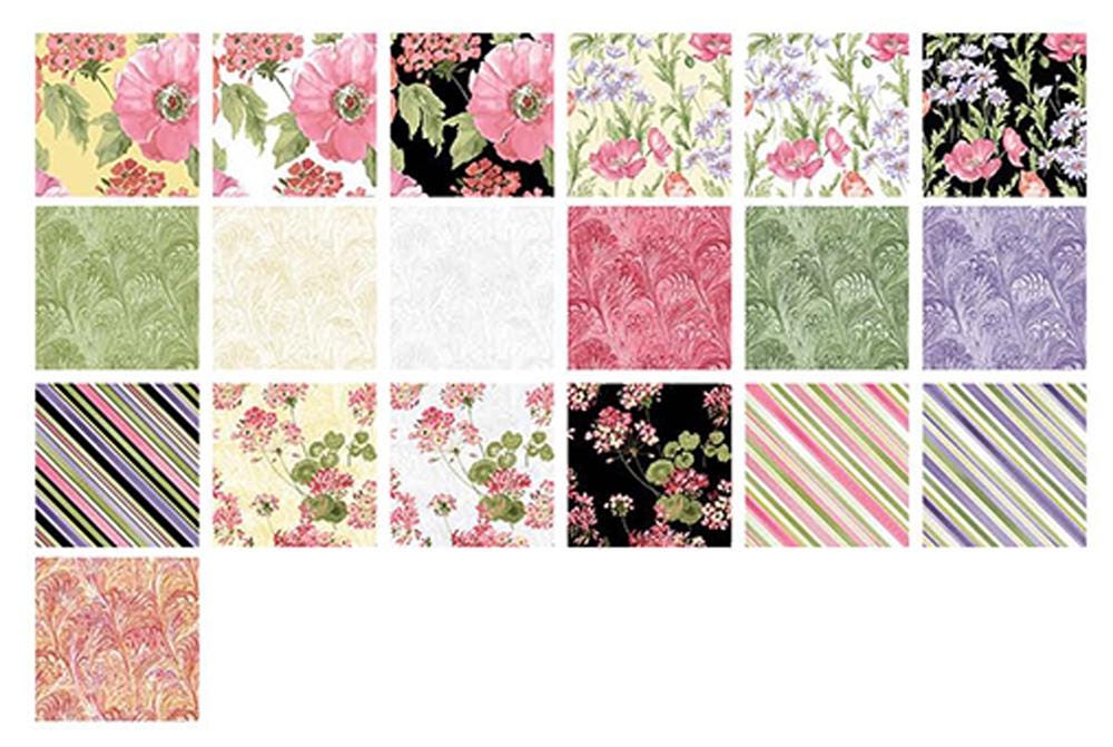 DESTASH Sundance Layer Cake Fabric, Benartex, 10" Precut Peach Pink Black Green Floral Fabric Squares, Ann Lauer