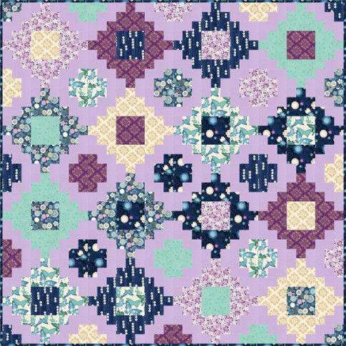 DESTASH Satsuki Jewel Throw Quilt Kit, Robert Kaufman KIT-587-9, Stacked Kit Sew Many Creations, Asian Inspired Blue Lavender Quilt Kit