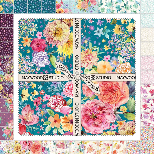 Nature Studies 10" Squares, Maywood Studio SQ-MASNATS, 10" Precut Teal Pink Purple Floral Fabric Squares