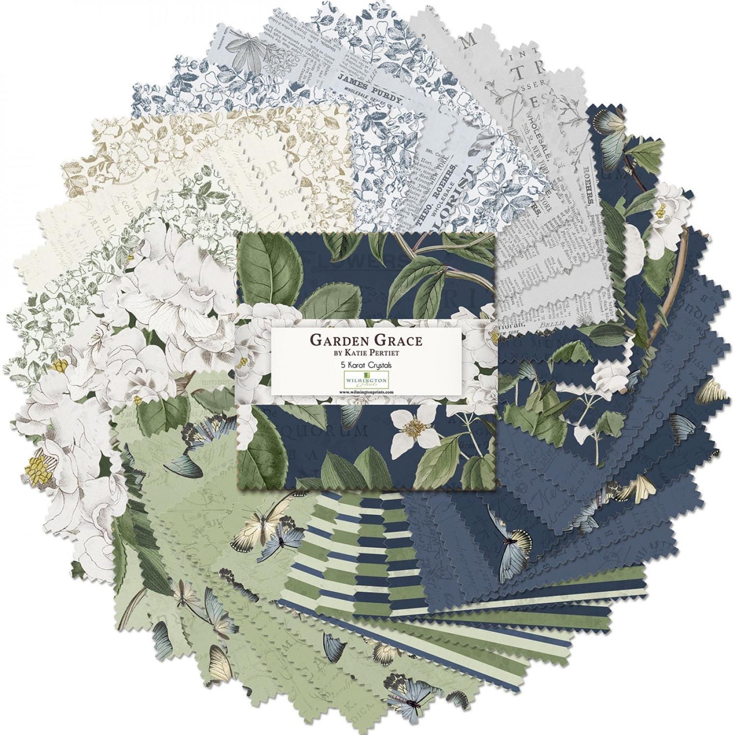 Garden Grace 5 Karat Crystals Charm Pack, 839-508, Precut 5" Blue Green Cream Floral Fabric Squares, Wilmington