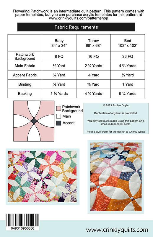 Flowering Patchwork Quilt Pattern, Crinkly Quilts CQ012, FQ Fat Quarter Friendly Baby Throw Bed Orange Peel Quilt Pattern, Ashlee Doyle