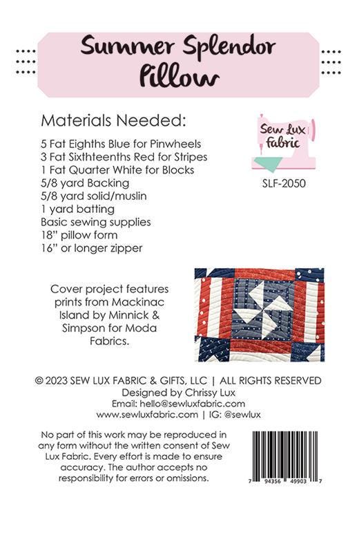 Summer Splendor Pillow Quilt Pattern, Sew Lux Fabric SLF2050, Fat Eighths Scrap Friendly Square Patriotic Pillow Cover Pattern