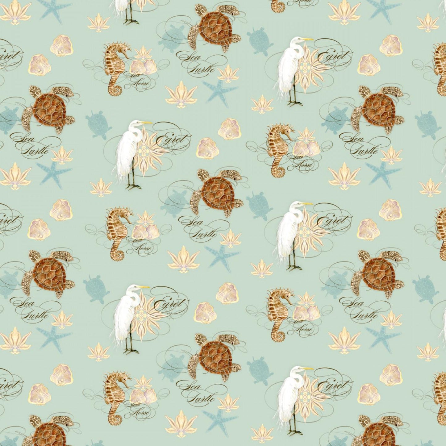 Coastal Waterways 14 Piece Fat Quarter Bundle, Camelot 55230607FQB, Beige Teal Brown Beach Bird Turtles Seahorse Fabric, 18 x 22 Fabric Cuts